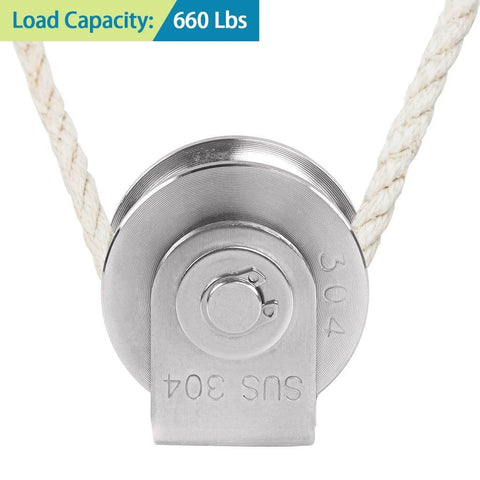 U Groove Pulley Block 2", 304 Stainless Steel Pulley Roller, duplex bearing single wheel pulley shown with wire rope
