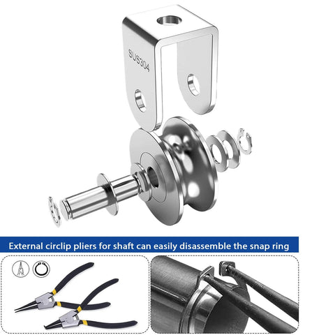 Exploded view of 2 Pack 2 Inch Pulley Block U Grooved Wheel Pulley, 304 Stainless Steel Pulley Roller with external circlip pliers.