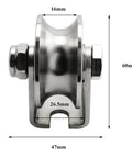 Detachable Oblique Stainless Steel U-Type Groove Sliding Wheel Roller Track Rail Fixed Pulley, Silver Tone, front view with dimensions
