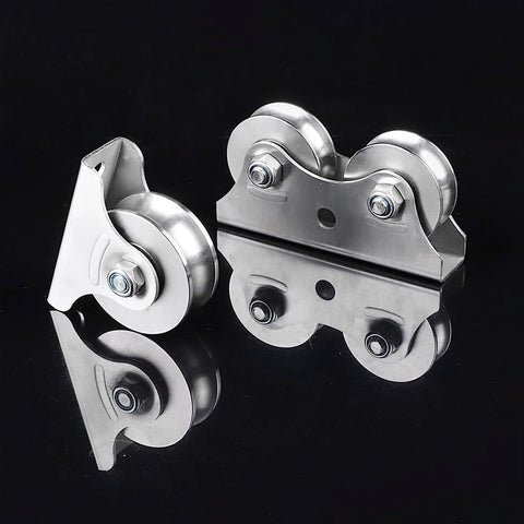 Pulley, Pulley Wheel, Pulley Wheel Clothes line Pulley U Groove Wheel Pulley Stainless Steel Pulley Block Super Silent Single Lifting Rope Pulley Roller Track Block for Wire Rope, stainless steel U-groove with fixed top, front view.