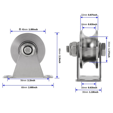 2 Pcs 2 Inch U Groove Wheel, Stainless Steel Groove Wheel Pulley dimensions in front and side view for wire rope rail, DIY