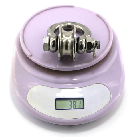 Detachable U Shaped Pulley with Large Size Long Screw Groove Pulley Wheel Track Fixed Pulley on digital scale showing 38.1 grams