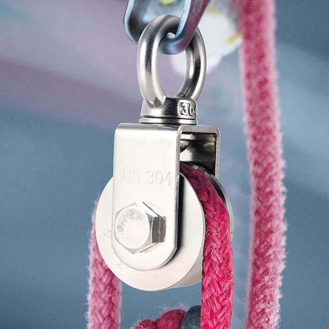 Close-up of 2 Inch U-Type Pulleys for Rope, Stainless Steel M10 Swivel Pulley Block with Bearing, attached to a pink rope in use.