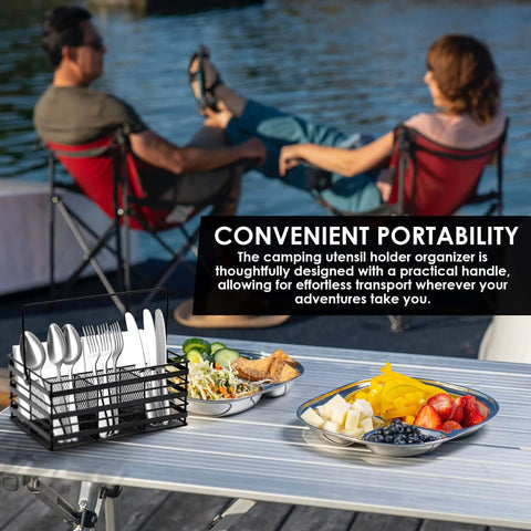 Stainless Steel Utensil Basket Dishwasher Flatware Basket Kitchen Camping 4-Compartment Black on outdoor table setting