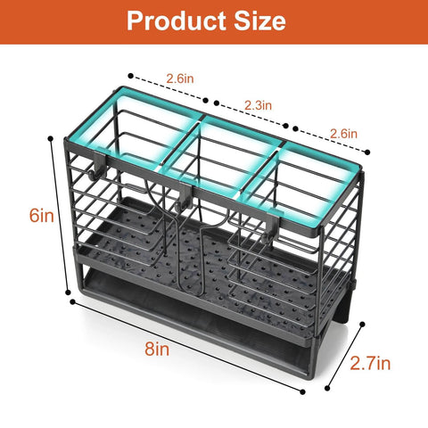 Utensil Holder, Stainless Steel Utensil Drying Rack with 3 Compartments and Automatic Drain Tray for Kitchen Counter shown with dimensions.