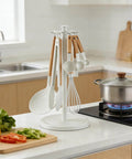 Kitchen Utensil Hanger Stainless Steel Utensil holder Rotatable Cooking Utensils Holder with 8 Hooks, Hanging Spoon Spatula Holder , White (Without Kitchen Utensils) displayed on kitchen countertop