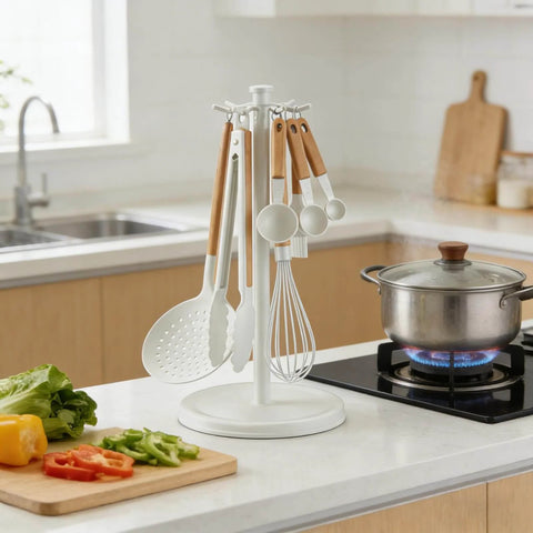 Kitchen Utensil Hanger Stainless Steel Utensil holder Rotatable Cooking Utensils Holder with 8 Hooks, Hanging Spoon Spatula Holder , White (Without Kitchen Utensils) displayed on kitchen countertop