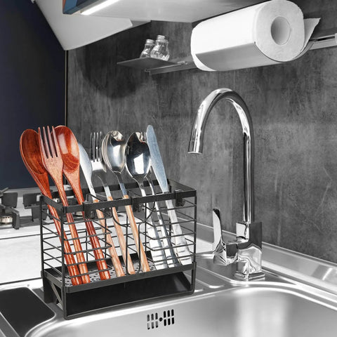 Utensil Holder, Stainless Steel Utensil Drying Rack with 3 Compartments and Automatic Drain Tray for Kitchen Counter, holding cutlery