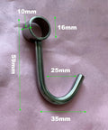 Close-up of a stainless steel hook with measurements for the Premium Stainless Steel Kitchen Tool Utensil Organizer Rack with Movable Hooks.