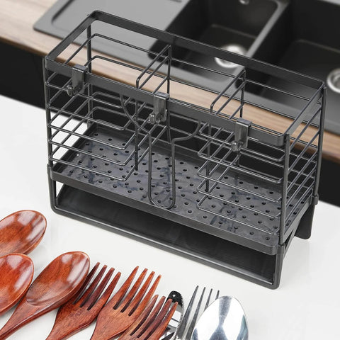 Utensil Holder, Stainless Steel Utensil Drying Rack with 3 Compartments and Automatic Drain Tray for Kitchen Counter