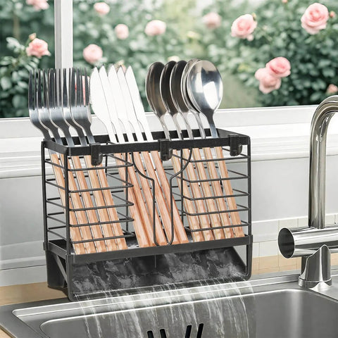 Utensil Holder, Stainless Steel Utensil Drying Rack with 3 Compartments and Automatic Drain Tray for Kitchen Counter