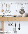 Kitchen Utensil Rack 2 Pack, 15.6 Inch Pots and Pans Hanging Rack Wall Mounted, 304 Stainless Steel with 7 Sliding Hooks, horizontal and vertical installation.
