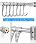 Close-up of 304 stainless steel Kitchen Utensil Rack 2 Pack with 7 sliding hooks, wall-mounted for pots and pans, brushed finish