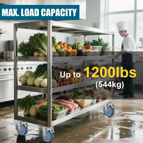 3 inch stainless steel caster wheels with total lock brake made from SUS 304, washable maintenance free casters designed for sanitary use in a 2 pack on a kitchen cart.