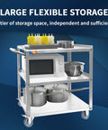 Three Tier Stainless Steel Utility Cart For Restaurant Hospital Lab And Hotel Use With Beefed Up Heavy Duty Wheels And Easy Handle Food Service Trolley 19W x 31L x 34H Treshin with three shelves holding kitchen items.