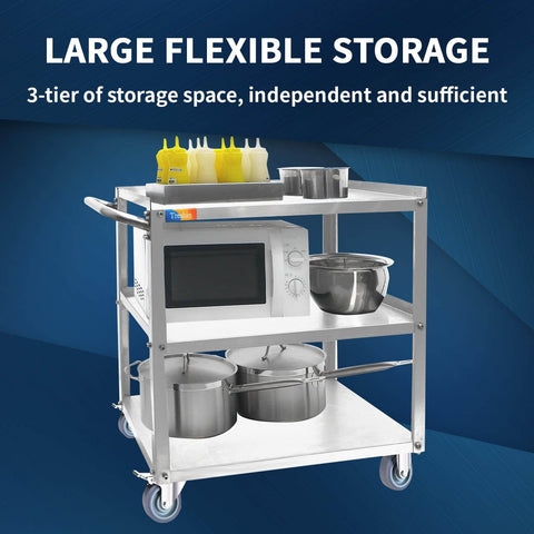 Three Tier Stainless Steel Utility Cart For Restaurant Hospital Lab And Hotel Use With Beefed Up Heavy Duty Wheels And Easy Handle Food Service Trolley 19W x 31L x 34H Treshin with three shelves holding kitchen items.
