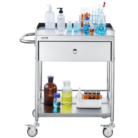 Stainless Steel Utility Cart With Wheels For Medical And Dental Labs Heavy Duty Rolling Cart With Two Shelves And One Drawer