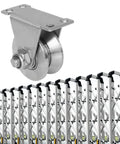 Close-up of a 2 pack 2 inch V groove wheel pulley, 304 stainless steel silent pulley block with heavy duty caster wheels, sliding gate rollers for handling and moving, pressure bearing pulley loading 880lb for heavy duty stainless pulley wheel for lifting and riggi.
