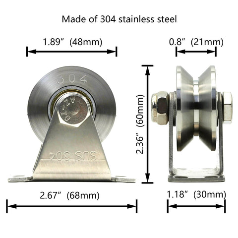 V Type Groove Wheel Pulley Stainless Steel Silent Pulley Block,Wall-Mounted Ceiling Lifting Pulley Block,Sliding Gate Hardware,Removable Double Bearing,with Expansion Pipes and Screw(2 Pack) front and side view, showing dimensions in millimeters.