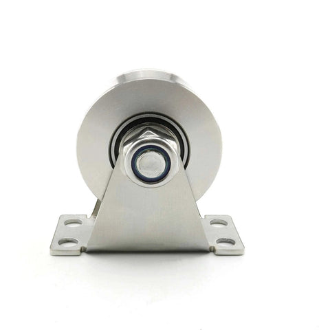 Front view of Stainless Steel Pulley Block Single Wheel Swivel Lifting Rope Pulley Block with Mounting Screws and Expansion Pipes for Wire Rope.