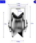 Side view of Two Pack 2 Inch Stainless Steel V Groove Pulley Wheel Set showing size dimensions for heavy duty gate tracks.
