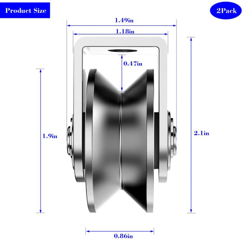 Side view of Two Pack 2 Inch Stainless Steel V Groove Pulley Wheel Set showing size dimensions for heavy duty gate tracks.
