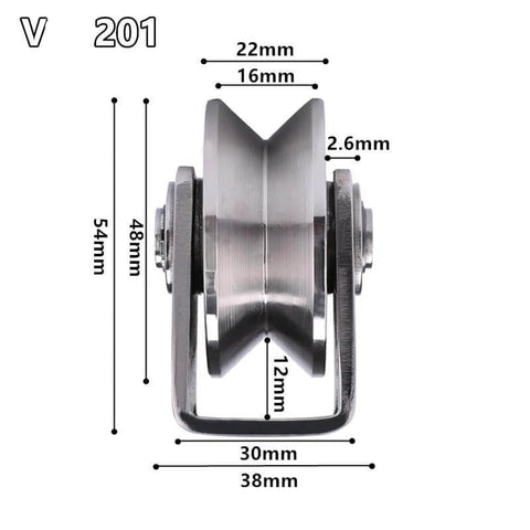 Front view of 201 Stainless Steel Bearing Pulley Wire Rope Pulley U-Type V-h-Shaped Groove Wheel with measurements
