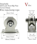Side and front view of Stainless Steel Pulley Block Single Wheel Swivel Lifting Rope Pulley Block with measurements