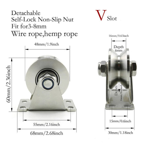 Side and front view of Stainless Steel Pulley Block Single Wheel Swivel Lifting Rope Pulley Block with measurements