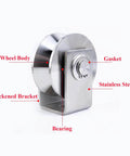 Front view of 2pcs V Groove Wheel Stainless Steel Heavy Duty Wire Rope Pulley Block Sliding Gate Rollers with labels for parts