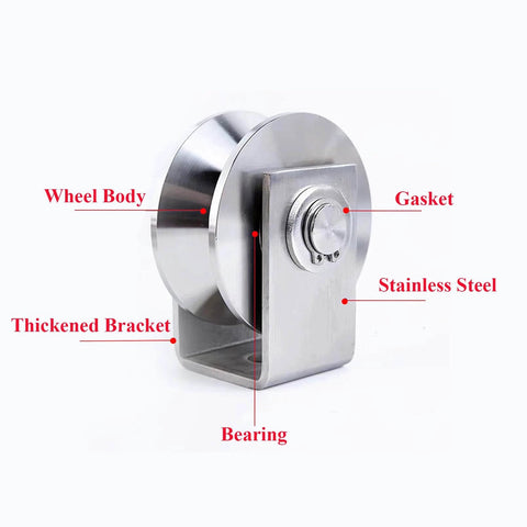 Front view of 2pcs V Groove Wheel Stainless Steel Heavy Duty Wire Rope Pulley Block Sliding Gate Rollers with labels for parts