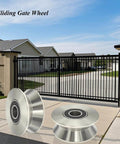 Sliding Gate Wheel Stainless Steel V Groove Wheel in front of modern gate, ideal for heavy duty conveyor rollers and industrial caster ball bearing use.