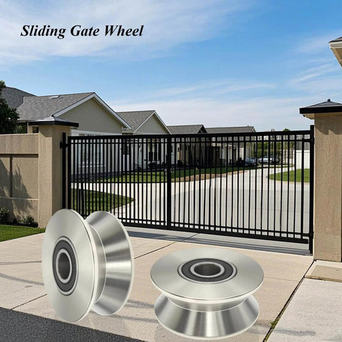 Sliding Gate Wheel Stainless Steel V Groove Wheel in front of modern gate, ideal for heavy duty conveyor rollers and industrial caster ball bearing use.