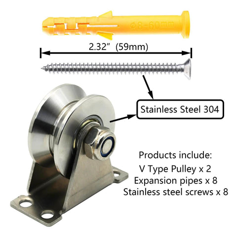V Type Groove Wheel Pulley Stainless Steel Silent Pulley Block,Wall-Mounted Ceiling Lifting Pulley Block,Sliding Gate Hardware,Removable Double Bearing,with Expansion Pipes and Screw(2 Pack)