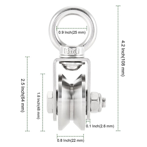 Front view of 2 Pack V Type Swivel Pulley With 304 Stainless Steel Double Ball Bearing dimensions, 441 lb capacity.