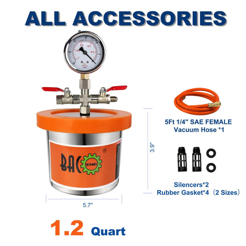 1.2 Quart Stainless Steel Vacuum Chamber Kit For Resin Degassing And Epoxy Casting With Acrylic Lid accessories displayed