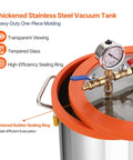 All In One 5 Gallon Vacuum Chamber Kit For Wood Stabilization And Resin Degassing With A 3.5 CFM Single Stage Vacuum Pump 40 Micron Vacuum And Tempered Glass Lid showcasing a stainless steel chamber and sealing ring