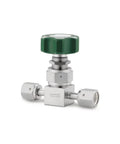 High pressure stainless steel diaphragm valve with green handle.