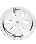 Front view of a 4-inch round marine-grade 316 stainless steel vent cover with adjustable side knob.