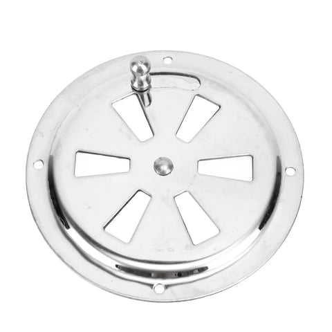 Front view of a 4-inch round marine-grade 316 stainless steel vent cover with adjustable side knob.
