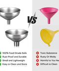 Comparison of stainless steel funnel set of 2 with narrow 0.5 inch mouth and wide 1 inch mouth against colored plastic funnels