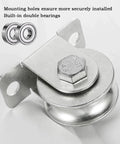 Close-up view of Cable Pulley 48mm Wheel Wall Mount, Bearings Inside, Stainless Steel Rope Pulley for Pulley System, Sliding Gate, Load 1100 LB, 1Pcs