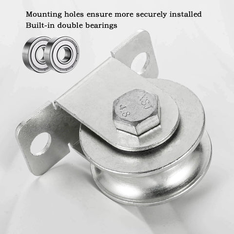Close-up view of Cable Pulley 48mm Wheel Wall Mount, Bearings Inside, Stainless Steel Rope Pulley for Pulley System, Sliding Gate, Load 1100 LB, 1Pcs