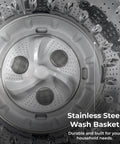 Efficient 4.4 cu ft top load washer with a triple-action agitator inside view featuring stainless steel wash basket.