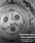 Interior of a stainless steel wash basket in an efficient top load washer with a 4.5 cu ft capacity and triple action impeller.