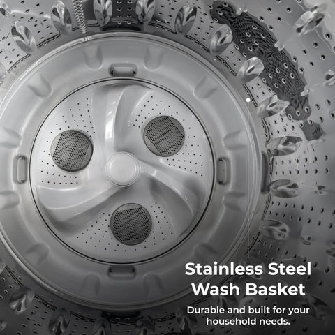 Interior of a stainless steel wash basket in an efficient top load washer with a 4.5 cu ft capacity and triple action impeller.