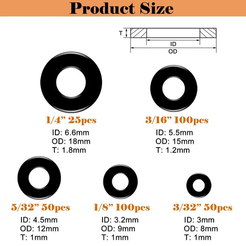 Product size chart of Stainless Steel Washer Set For Blind Rivets, Backup Washers 3/32 To 1/4 Inch, detailing dimensions and quantities.