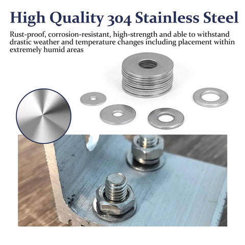 Stack of 290Pcs Flat Washers, 304 Stainless Steel Fender Washers Assortment shown next to washers installed on metal surface.
