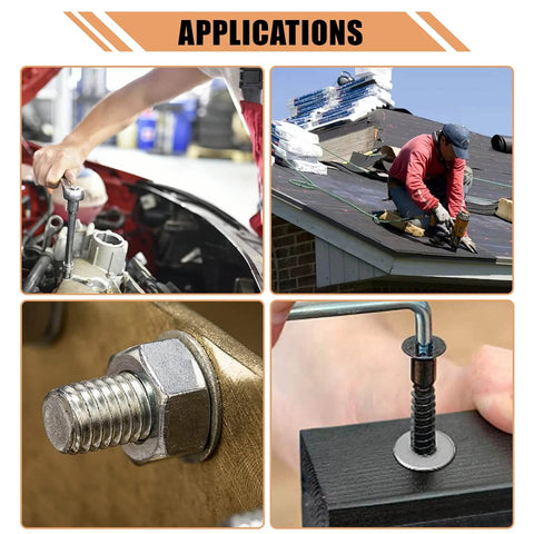 Various applications of 900 Pieces 304 Stainless Steel Flat Washers Assorted Sizes M2 To M12 for screws and bolts.