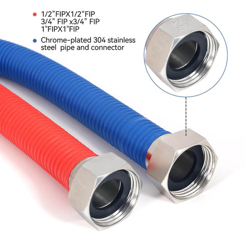 48 Inch Flexible Stainless Steel Corrugated Water Heater Connector Three Quarter Inch FIP To Three Quarter Inch FIP Hot And Cold Color Coded